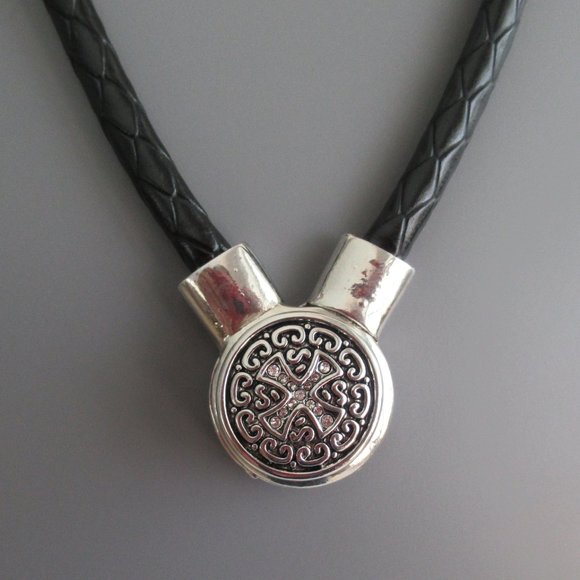 Silver Choker Necklace w/ Interchangeable Pendants Black Braided Leather Cord - Picture 5 of 8